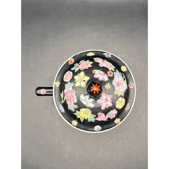 Chinese Mille Fleur Black Floral Mug Lid Asian Inspired Ceramic Tea Coffee Cup - Picture 5 of 9